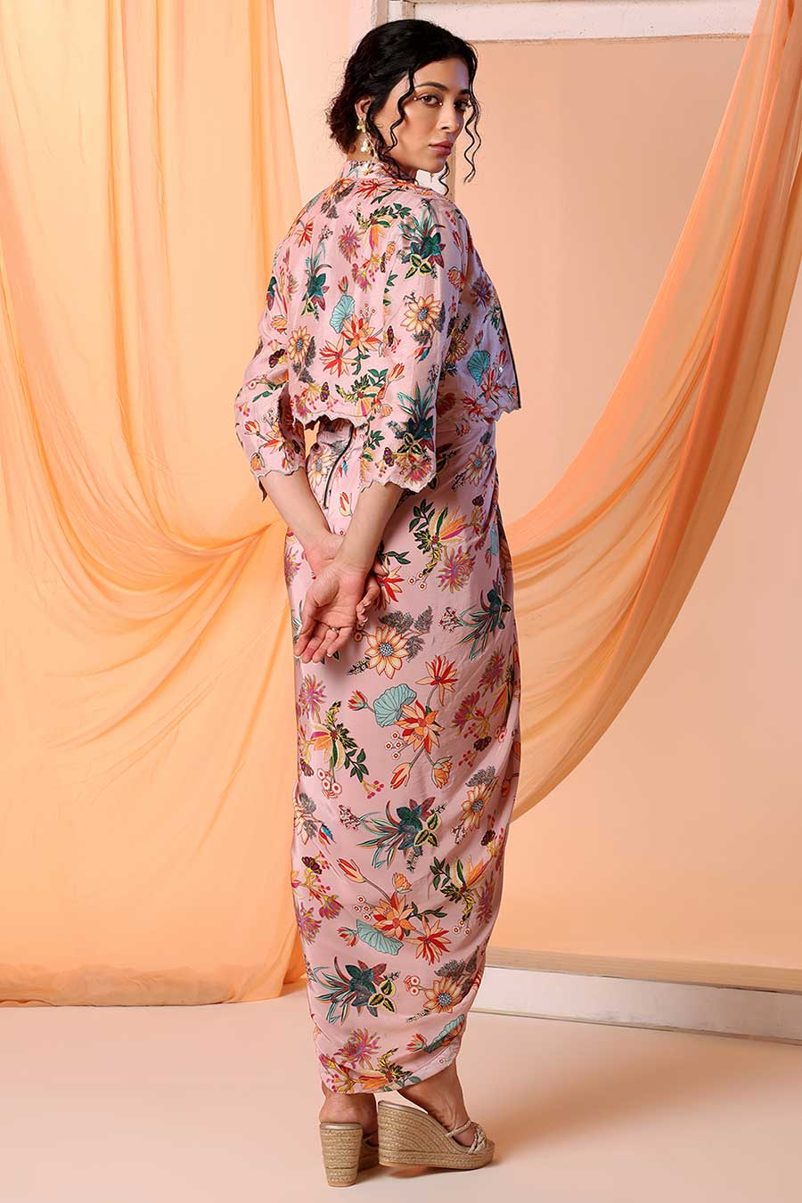 Pink Arani Printed Drape Dress & Jacket Set