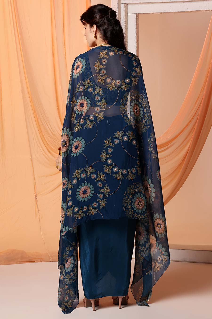 Navy Blue Eraya Embellished Drape Skirt Set With Cape