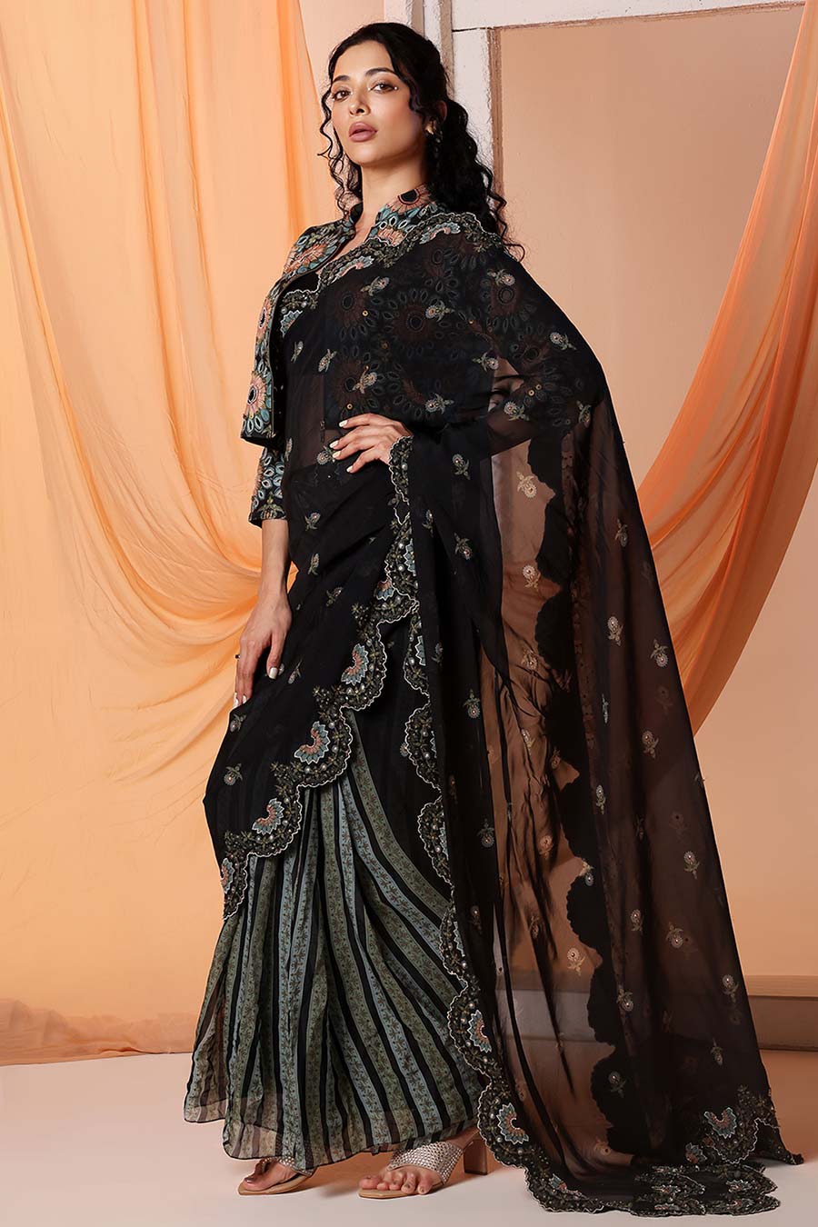 Black Eraya Embroidered Pre-Stitched Saree Set