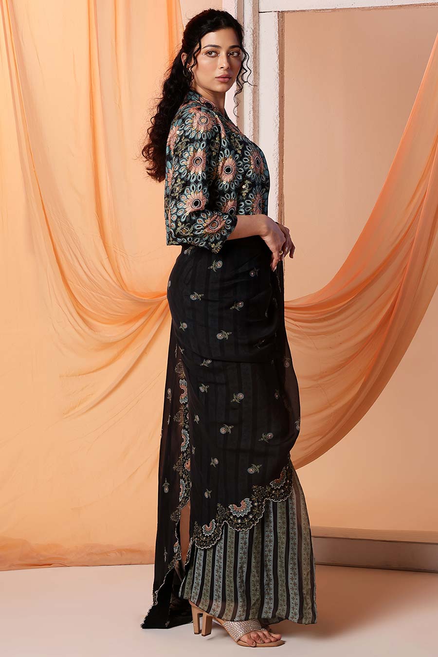 Black Eraya Embroidered Pre-Stitched Saree Set