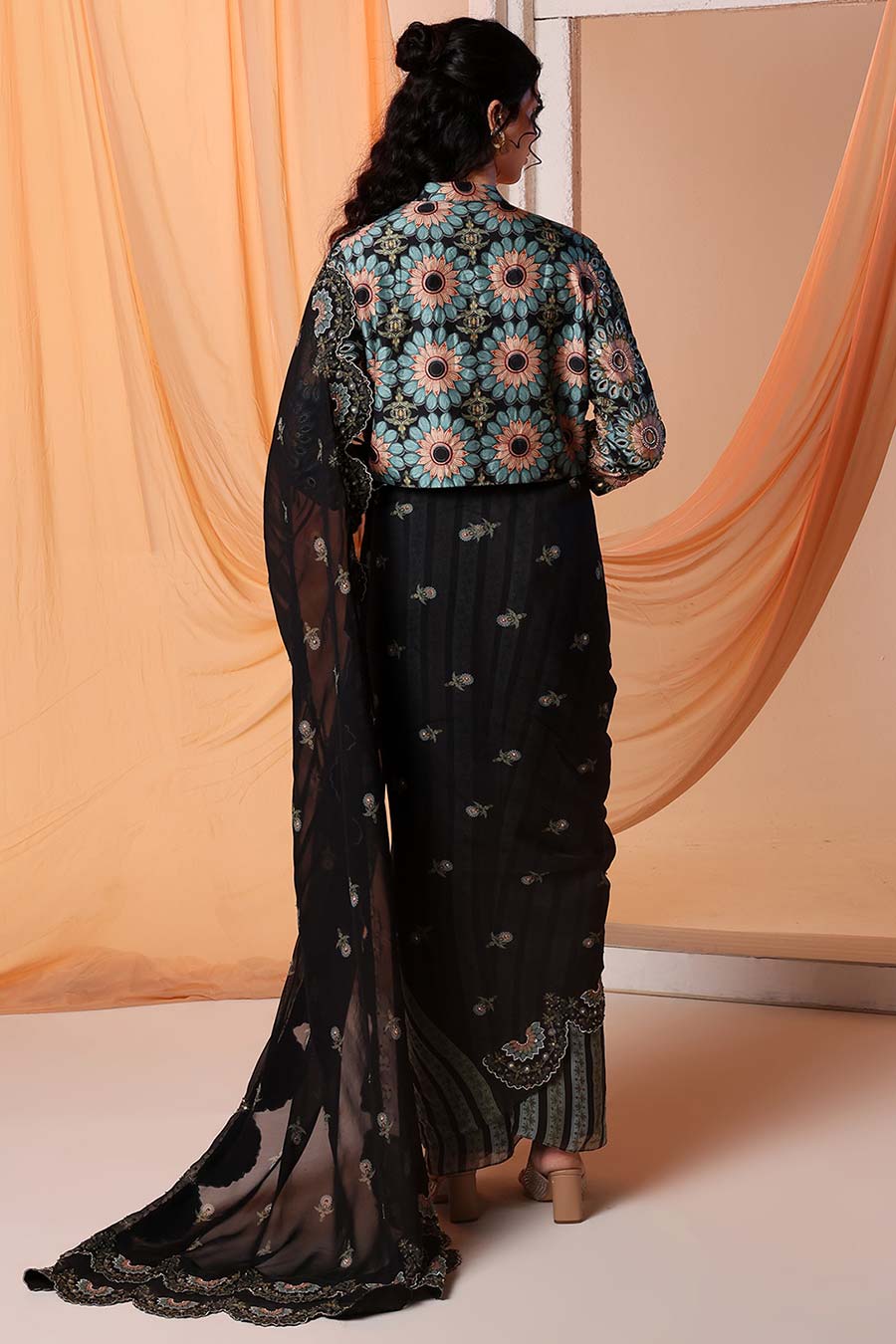 Black Eraya Embroidered Pre-Stitched Saree Set
