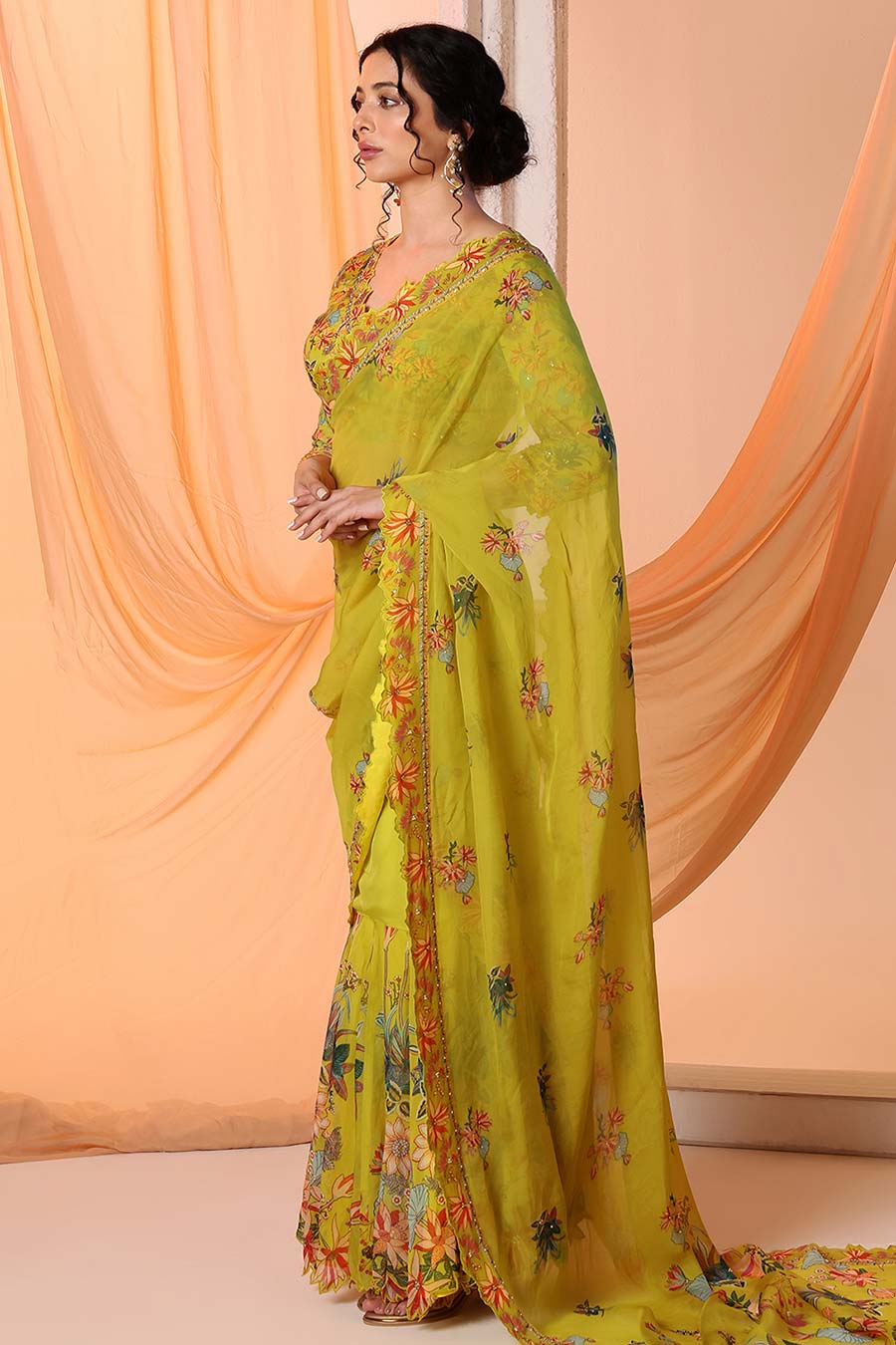 Yellow Aarani Embroidered Pre-Stitched Saree Set