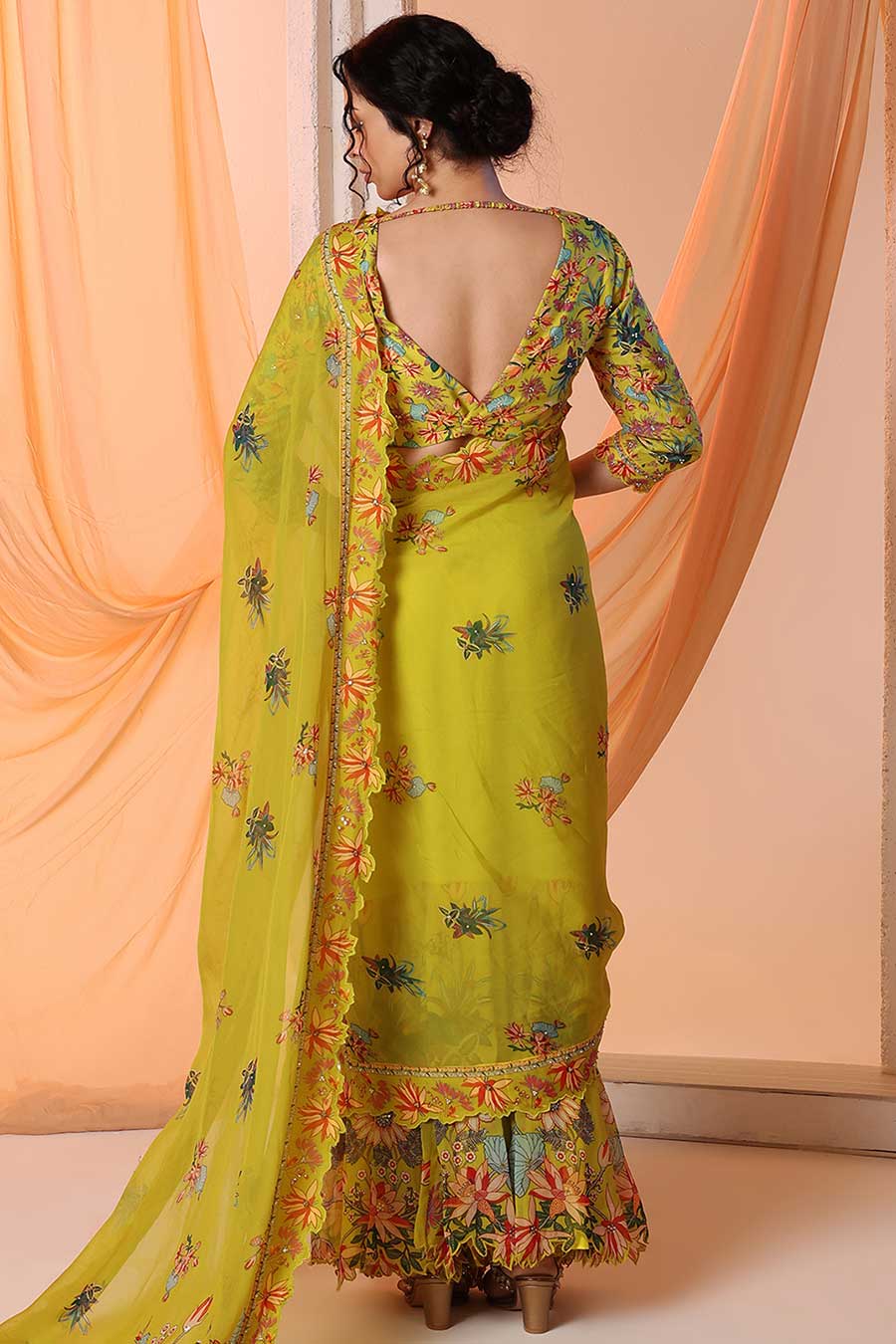 Yellow Aarani Embroidered Pre-Stitched Saree Set