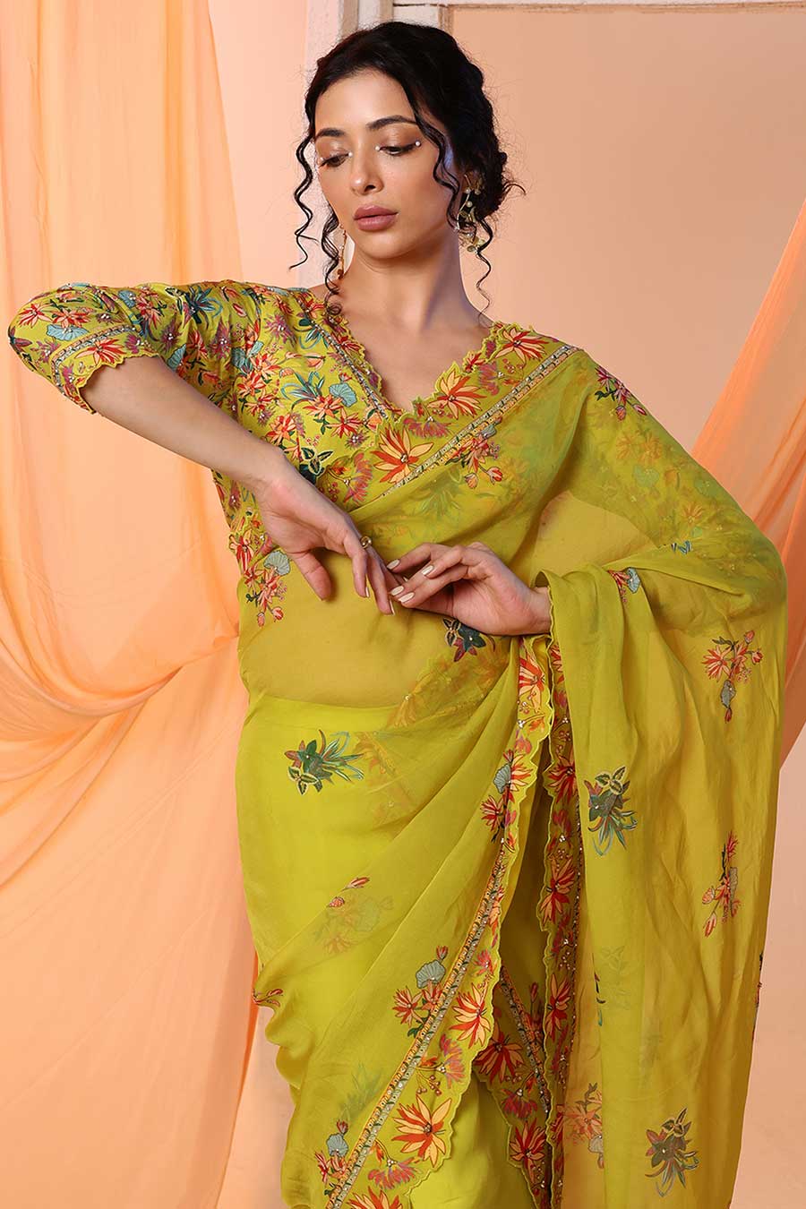 Yellow Aarani Embroidered Pre-Stitched Saree Set