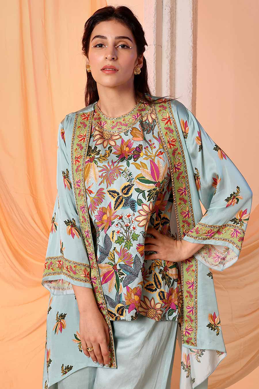 Blue Arani Embellished Co-Ord Set With Jacket