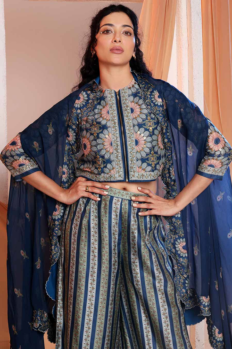 Navy Blue Earaya Printed Co-Ord Set With Cape