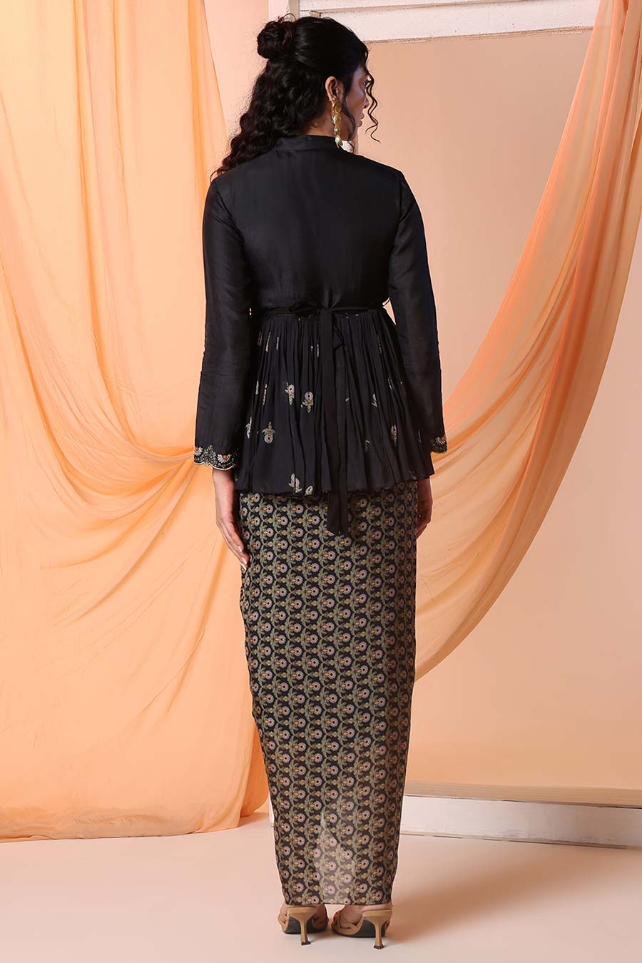 Black Eraya Embellished Top & Drape Skirt Set