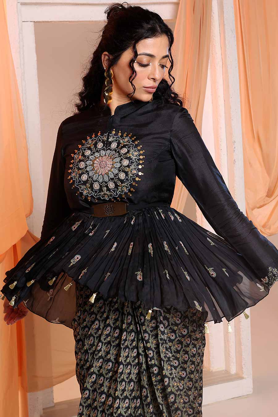 Black Eraya Embellished Top & Drape Skirt Set