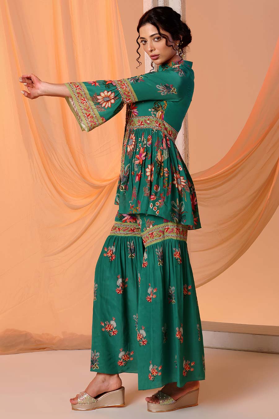 Green Aarani Embroidered Peplum Top & Sharara Set