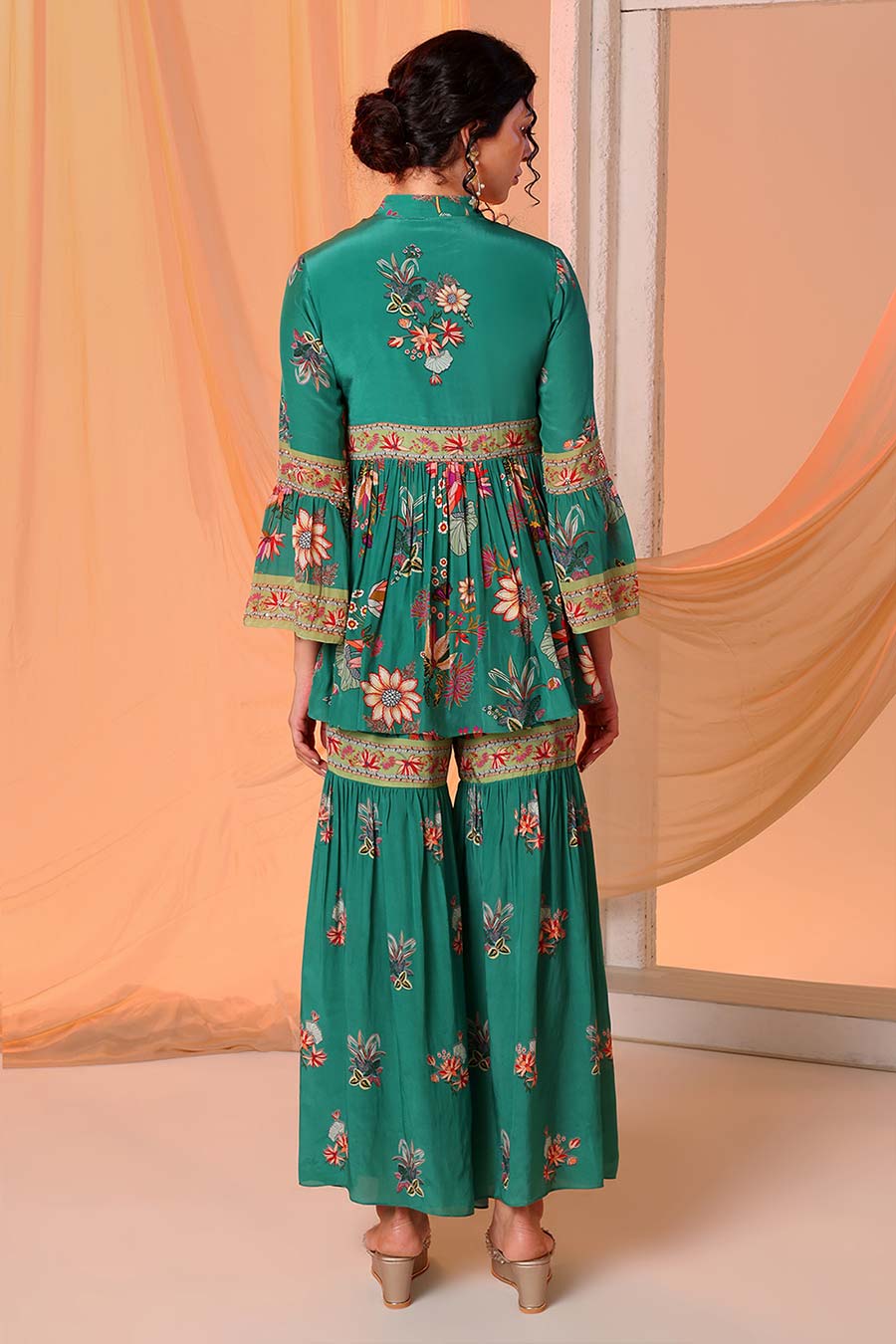 Green Aarani Embroidered Peplum Top & Sharara Set