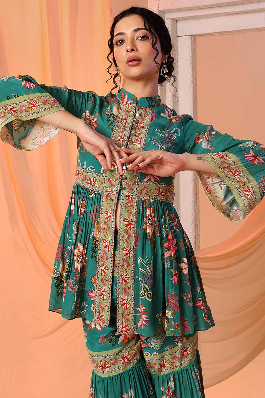 Green Aarani Embroidered Peplum Top & Sharara Set