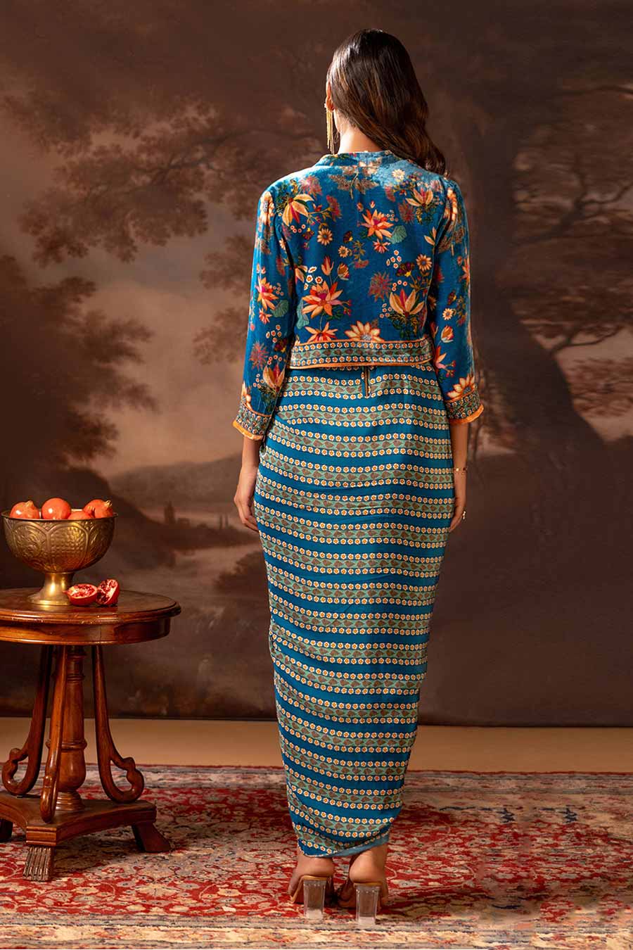 Blue Aarani Embellished Draped Dress & Jacket Set