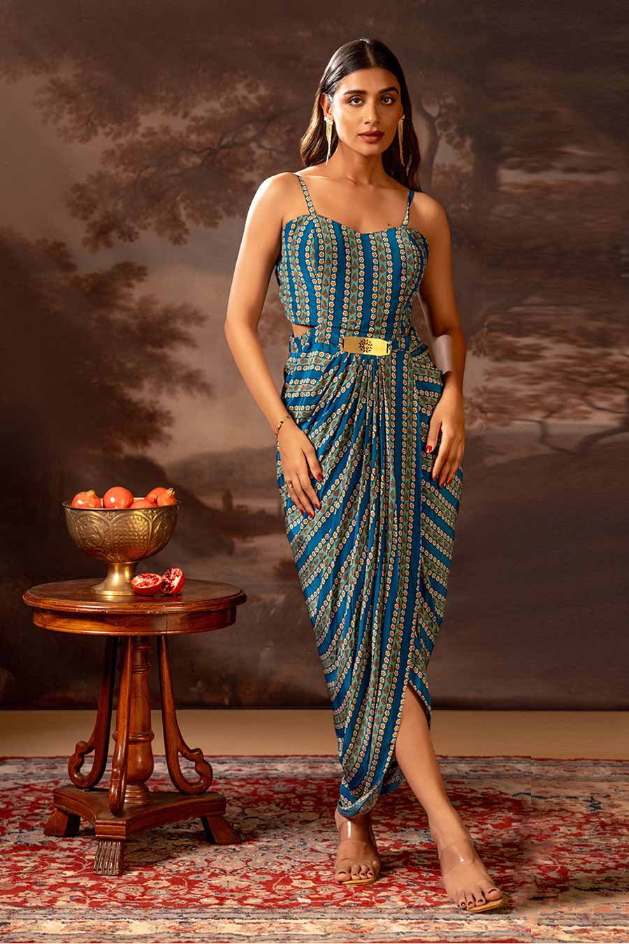 Blue Aarani Embellished Draped Dress & Jacket Set