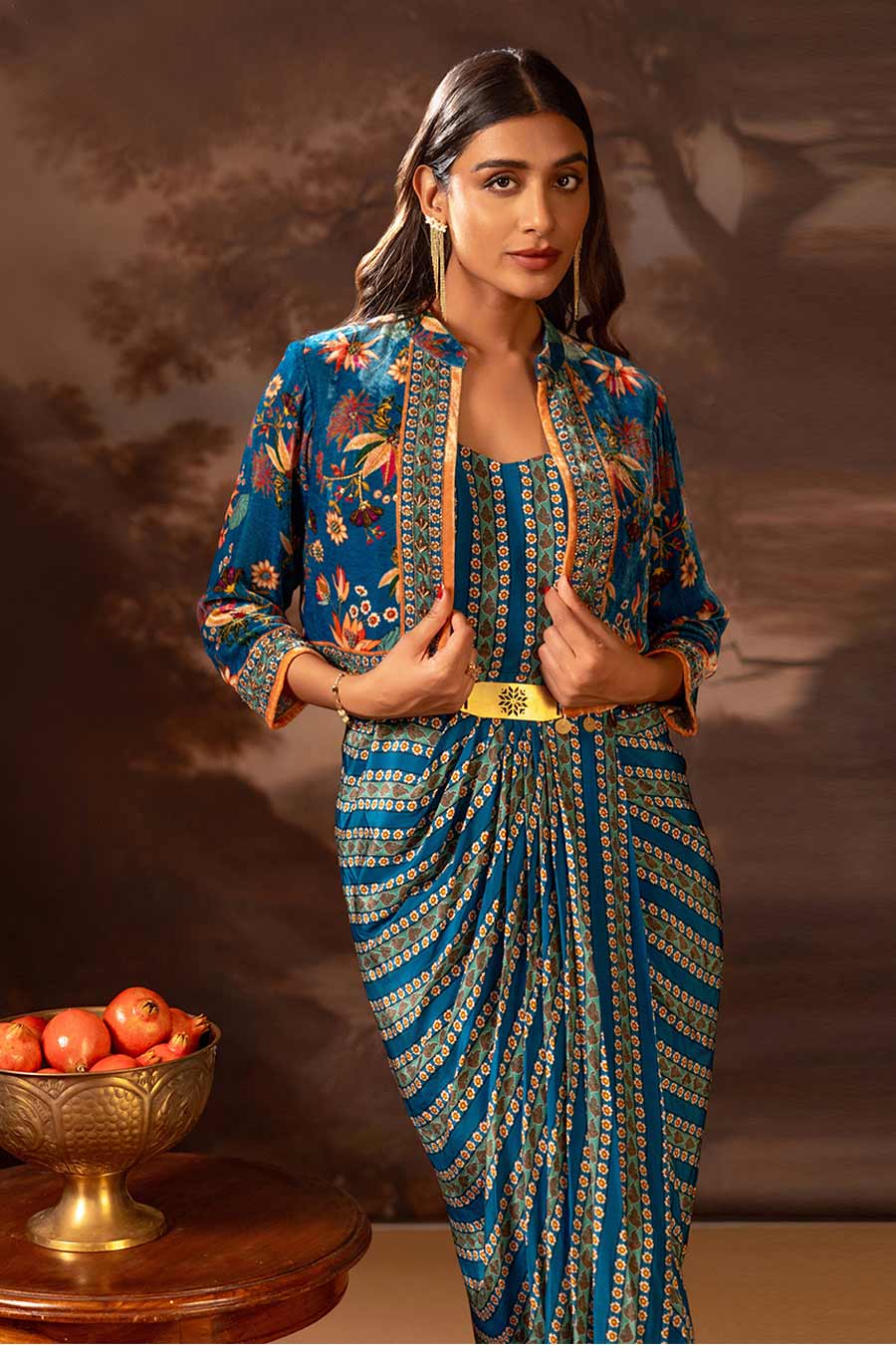 Blue Aarani Embellished Draped Dress & Jacket Set