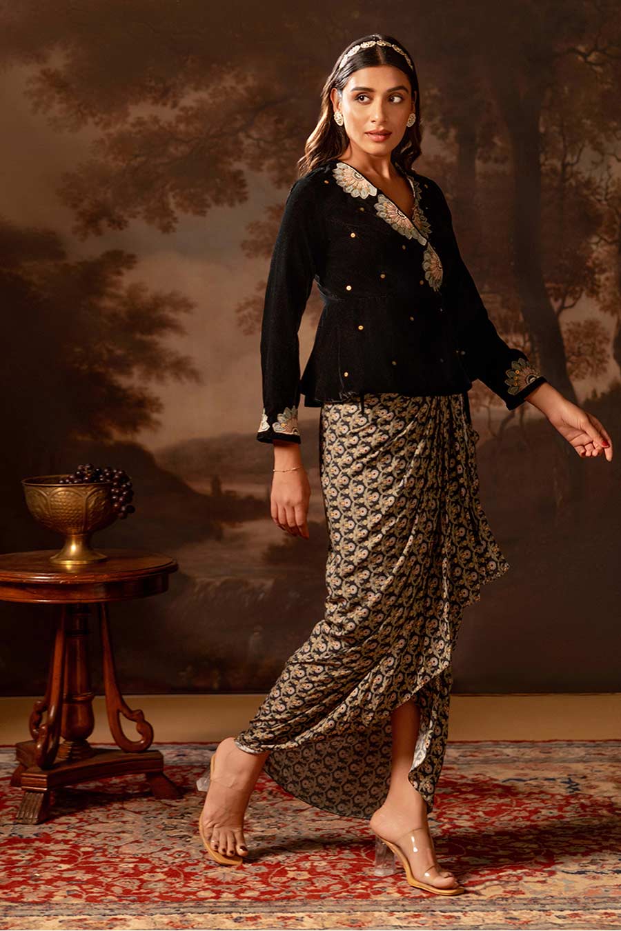 Black Eraya Embellished Top & Draped Skirt Set