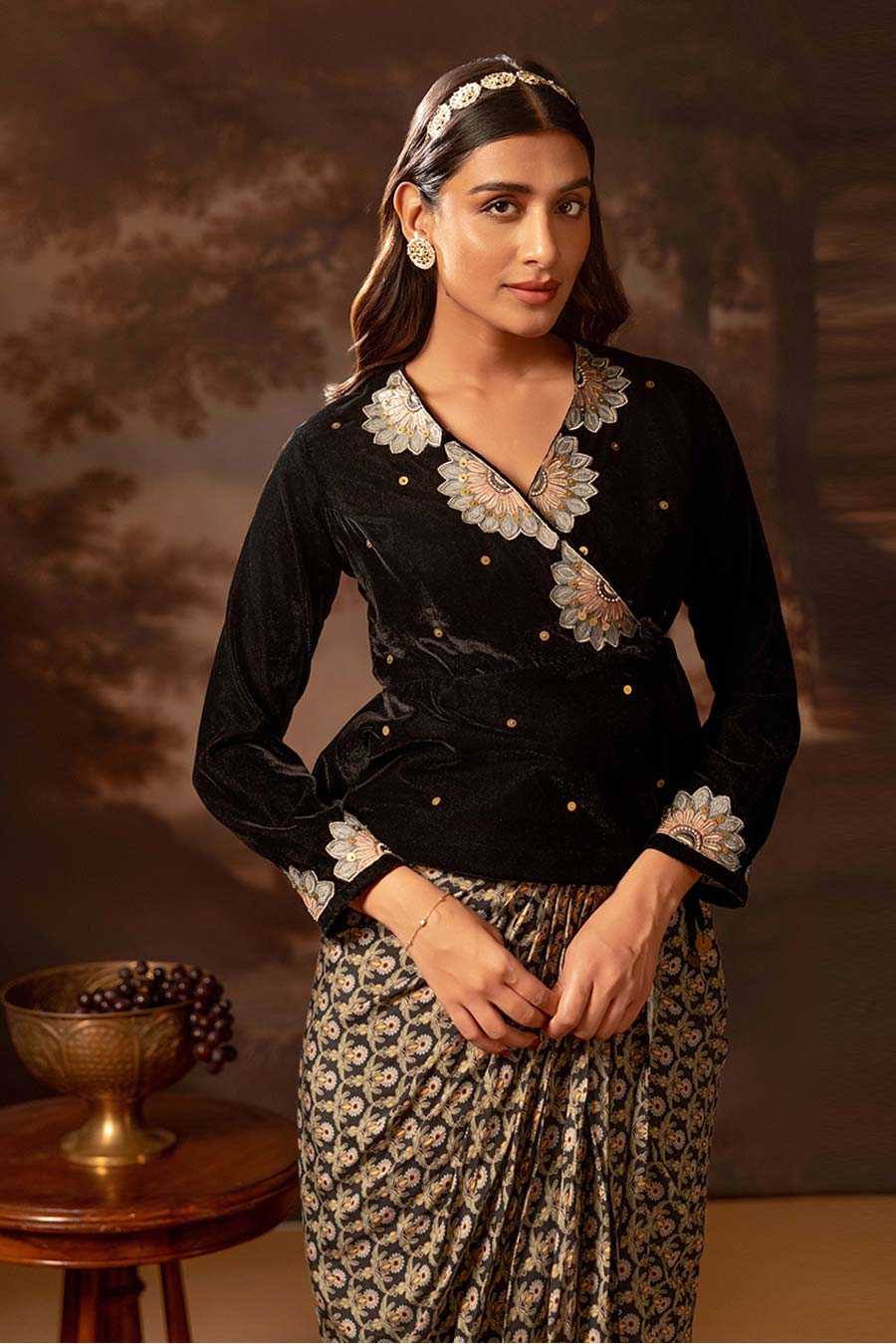 Black Eraya Embellished Top & Draped Skirt Set