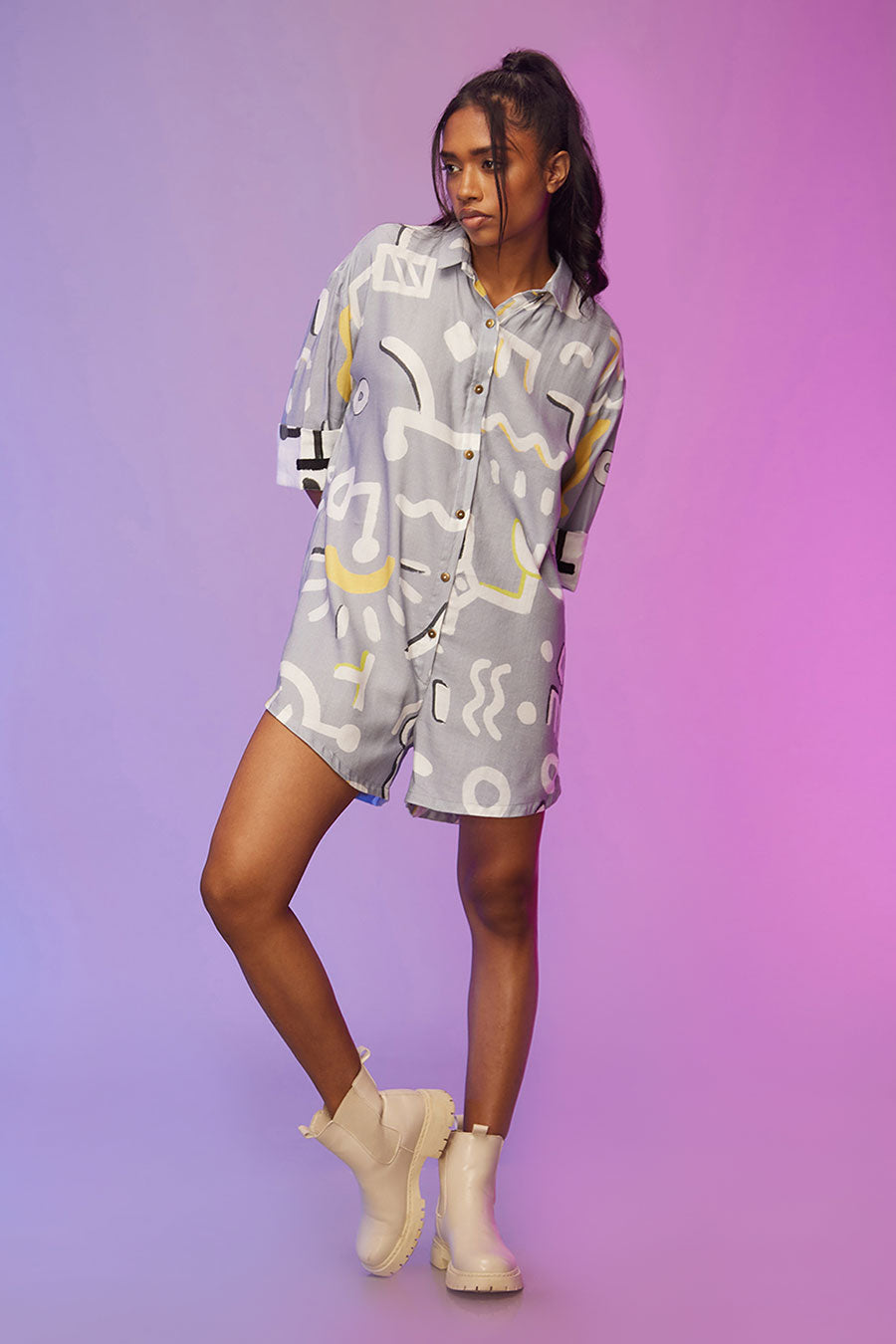 Powder Blue Doodle Print Shirt Dress