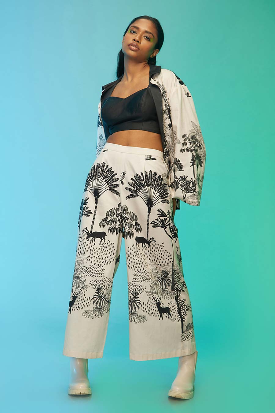 Black & White Tropical Print Jacket & Pant Set