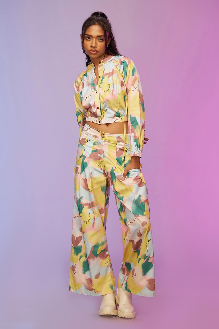 Yellow Printed Crop Top & Pants Co-Ord Set