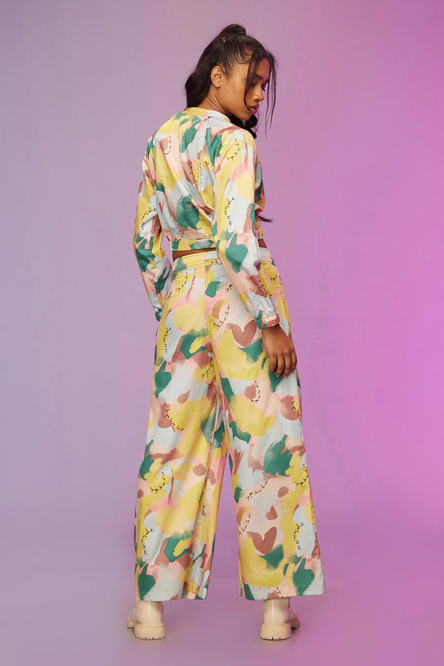 Yellow Printed Crop Top & Pants Co-Ord Set