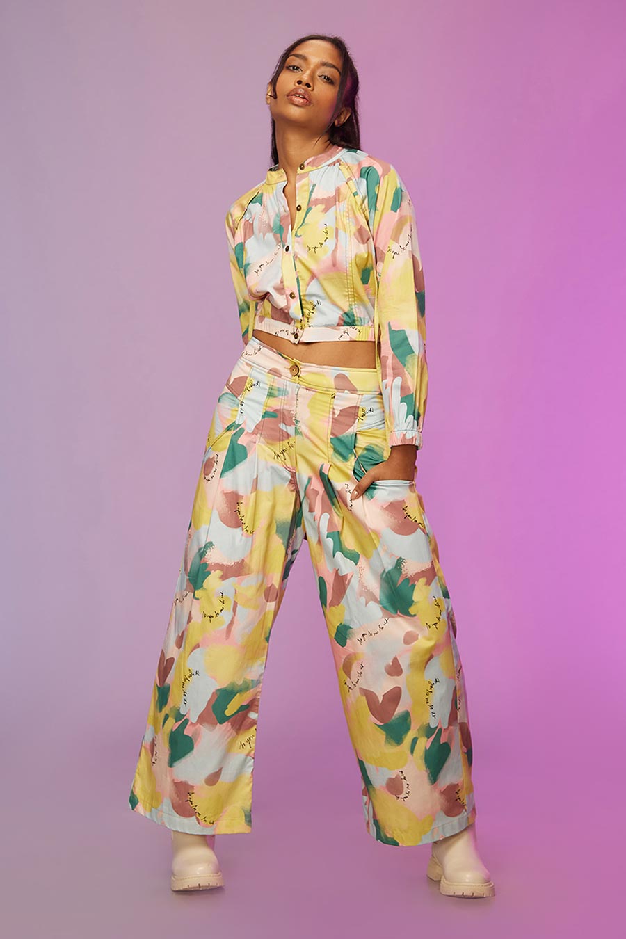 Yellow Printed Crop Top & Pants Co-Ord Set