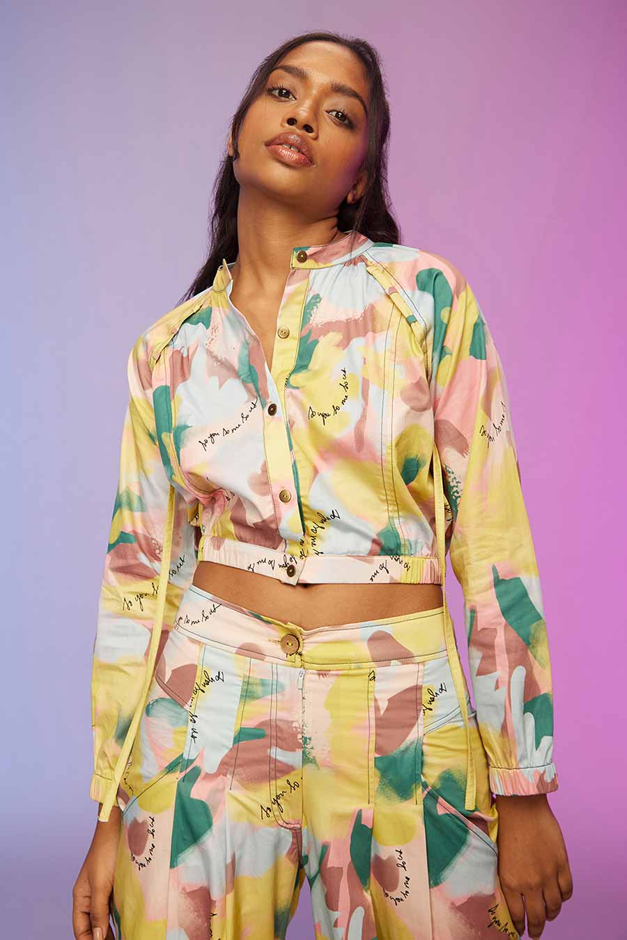 Yellow Printed Crop Top & Pants Co-Ord Set