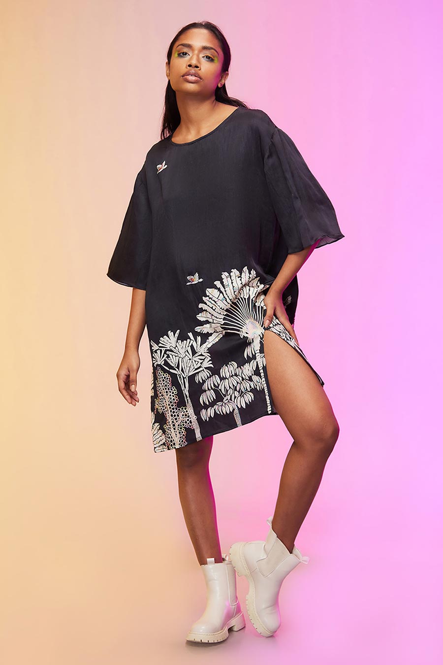 Black Tropical Print Oversized Dress