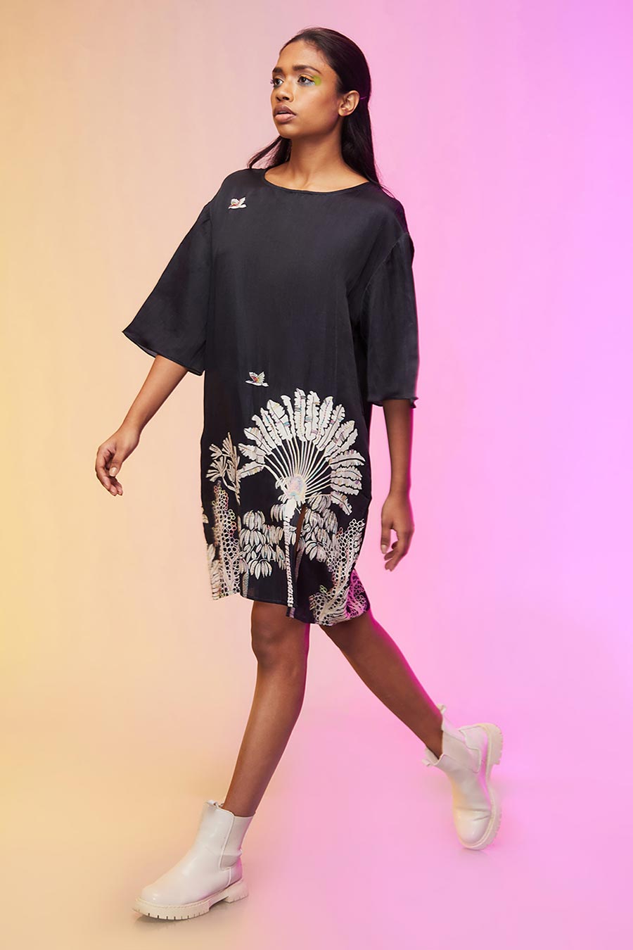 Black Tropical Print Oversized Dress