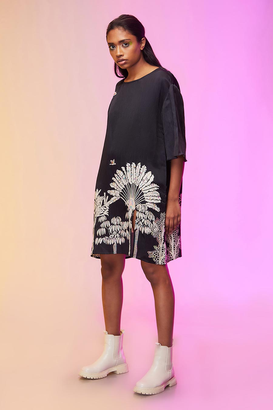 Black Tropical Print Oversized Dress