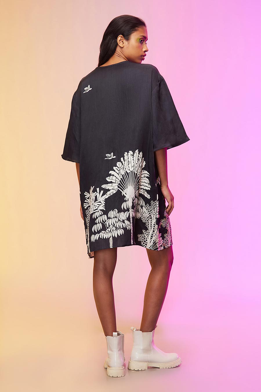 Black Tropical Print Oversized Dress