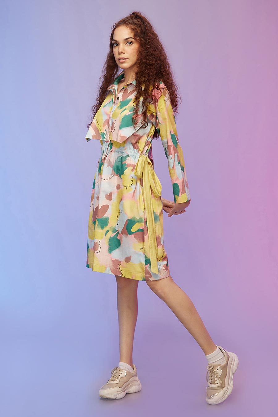 Yellow Printed Panelled Shirt Dress