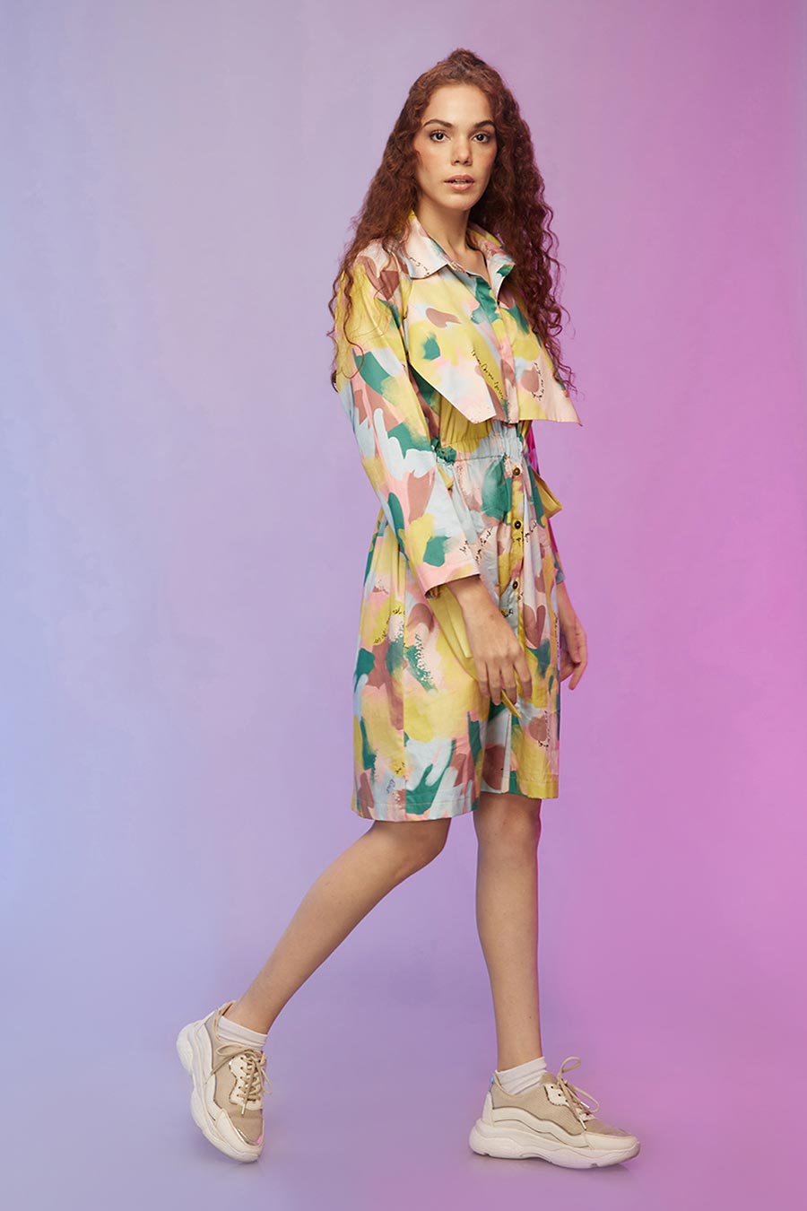 Yellow Printed Panelled Shirt Dress