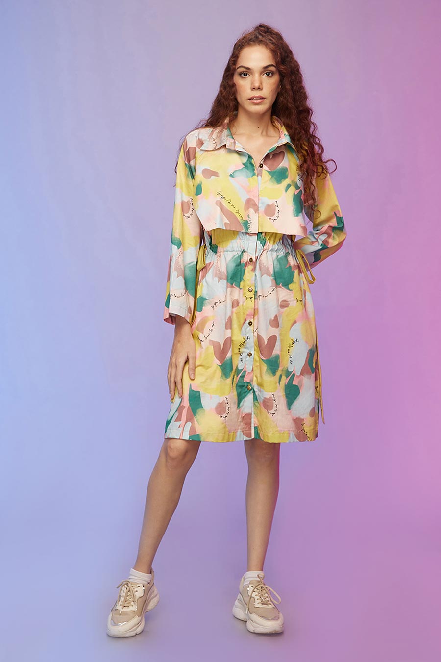 Yellow Printed Panelled Shirt Dress