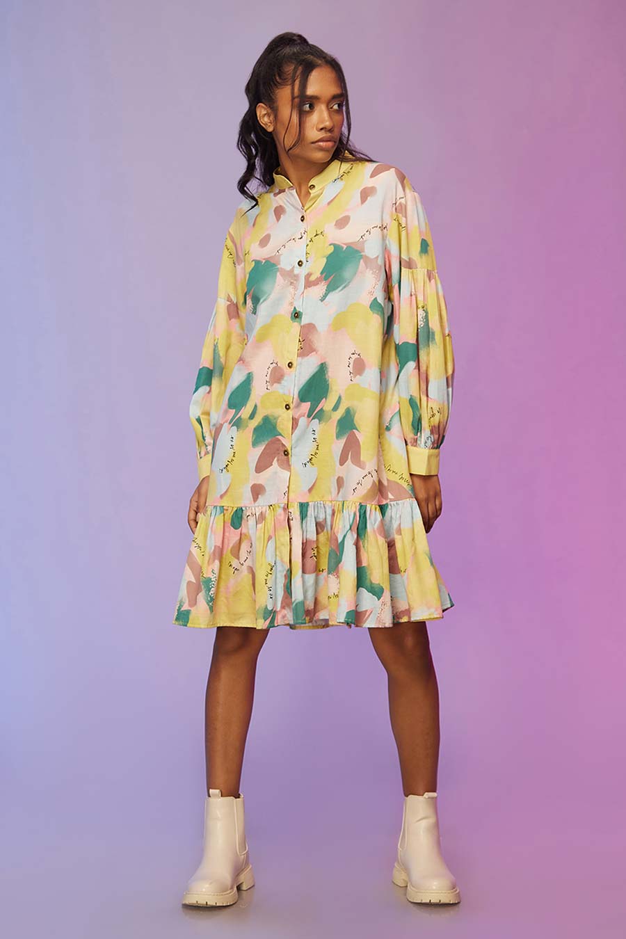 Yellow Printed Button-Down Dress