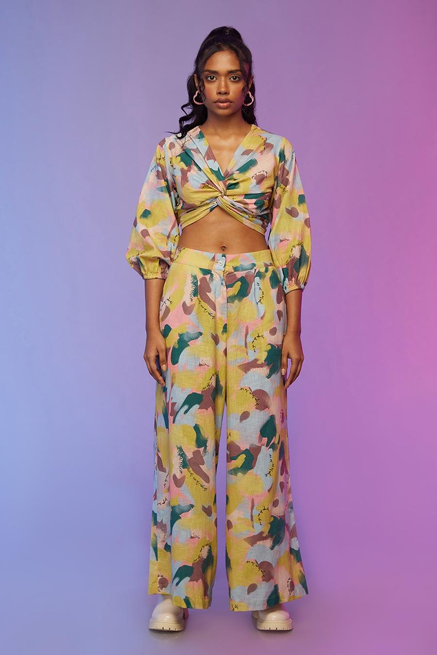 Yellow Printed Twisted Top & Pants Co-Ord Set