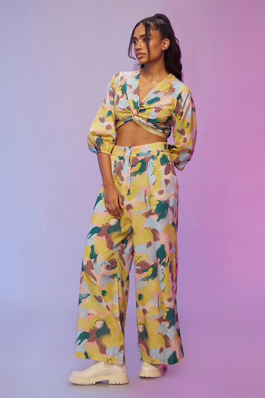 Yellow Printed Twisted Top & Pants Co-Ord Set