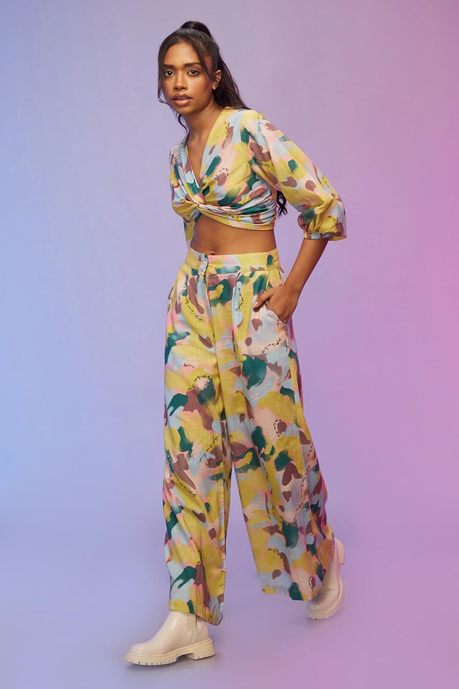 Yellow Printed Twisted Top & Pants Co-Ord Set