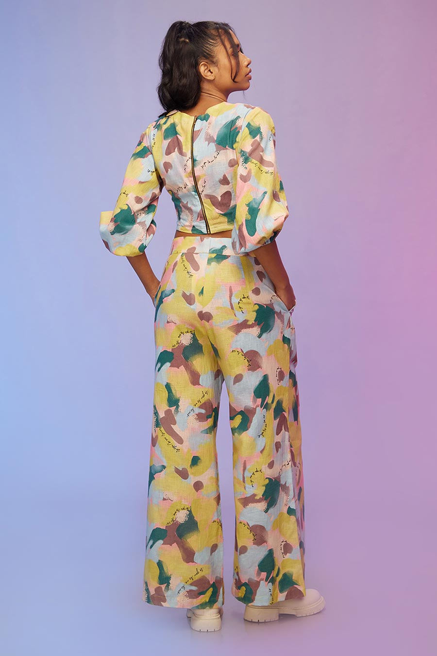 Yellow Printed Twisted Top & Pants Co-Ord Set