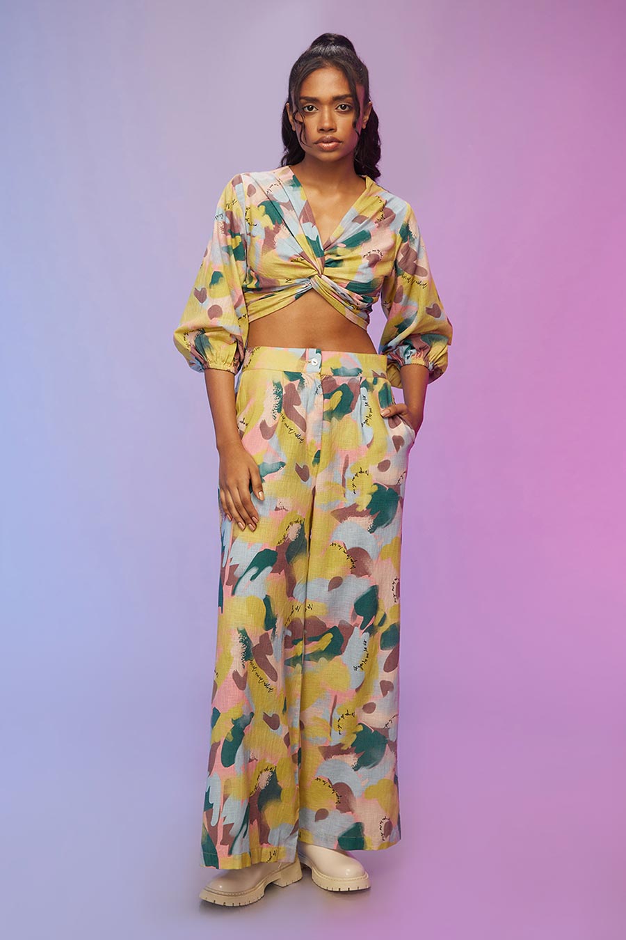 Yellow Printed Twisted Top & Pants Co-Ord Set