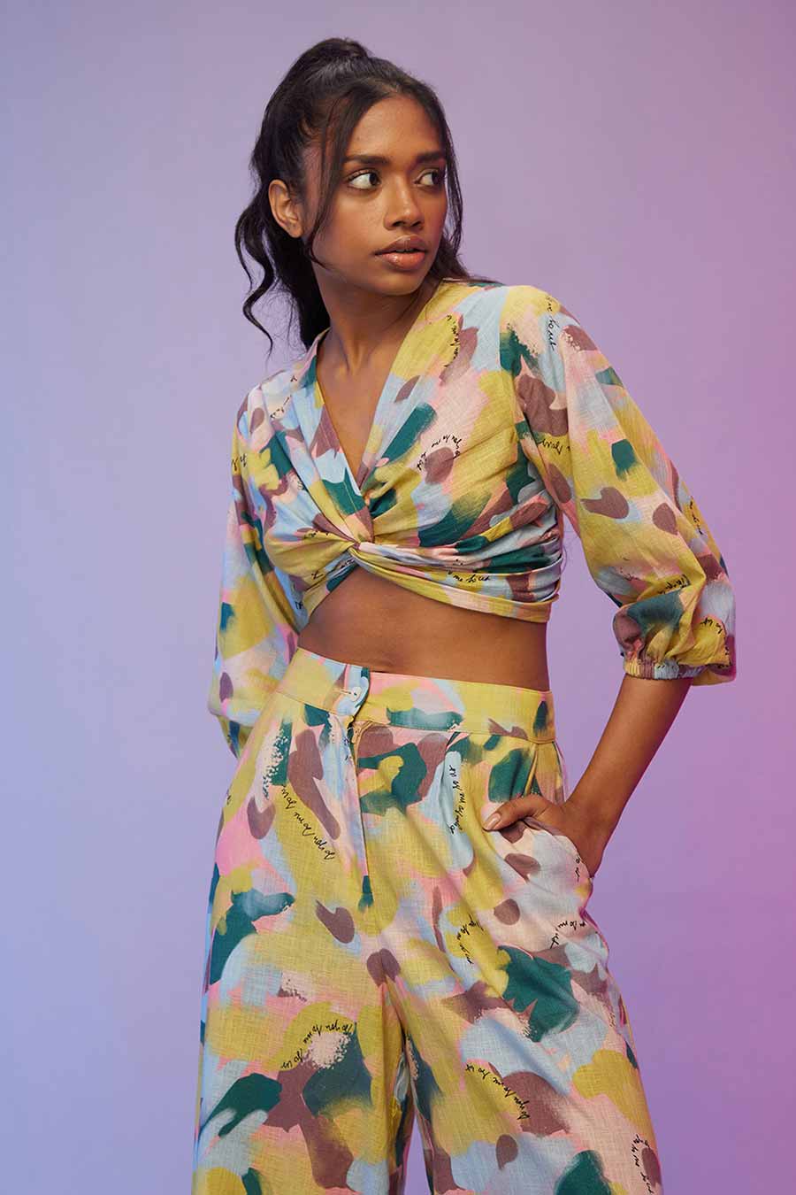 Yellow Printed Twisted Top & Pants Co-Ord Set