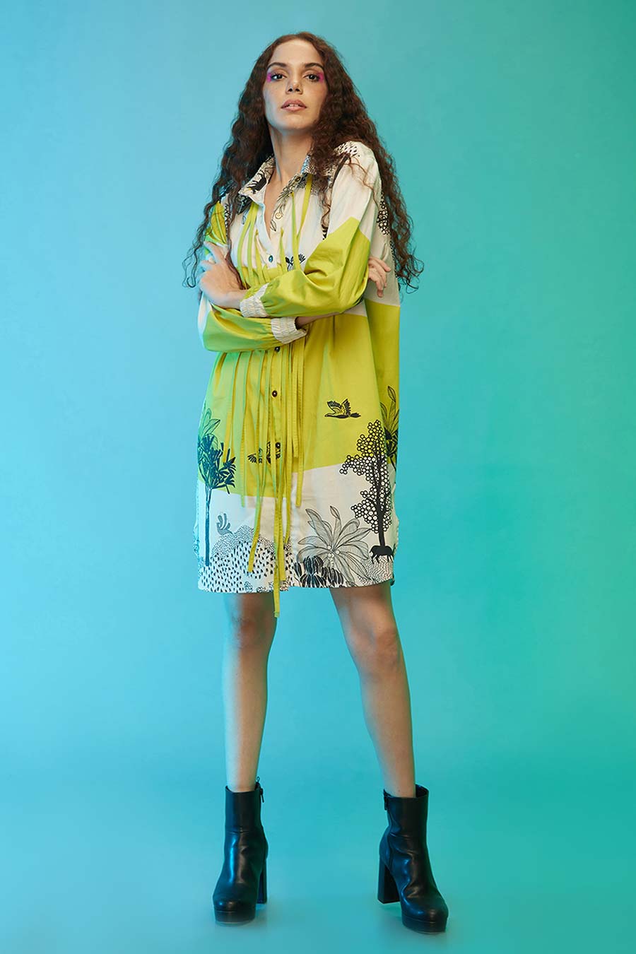 Green Tropical Print Short Shirt Dress