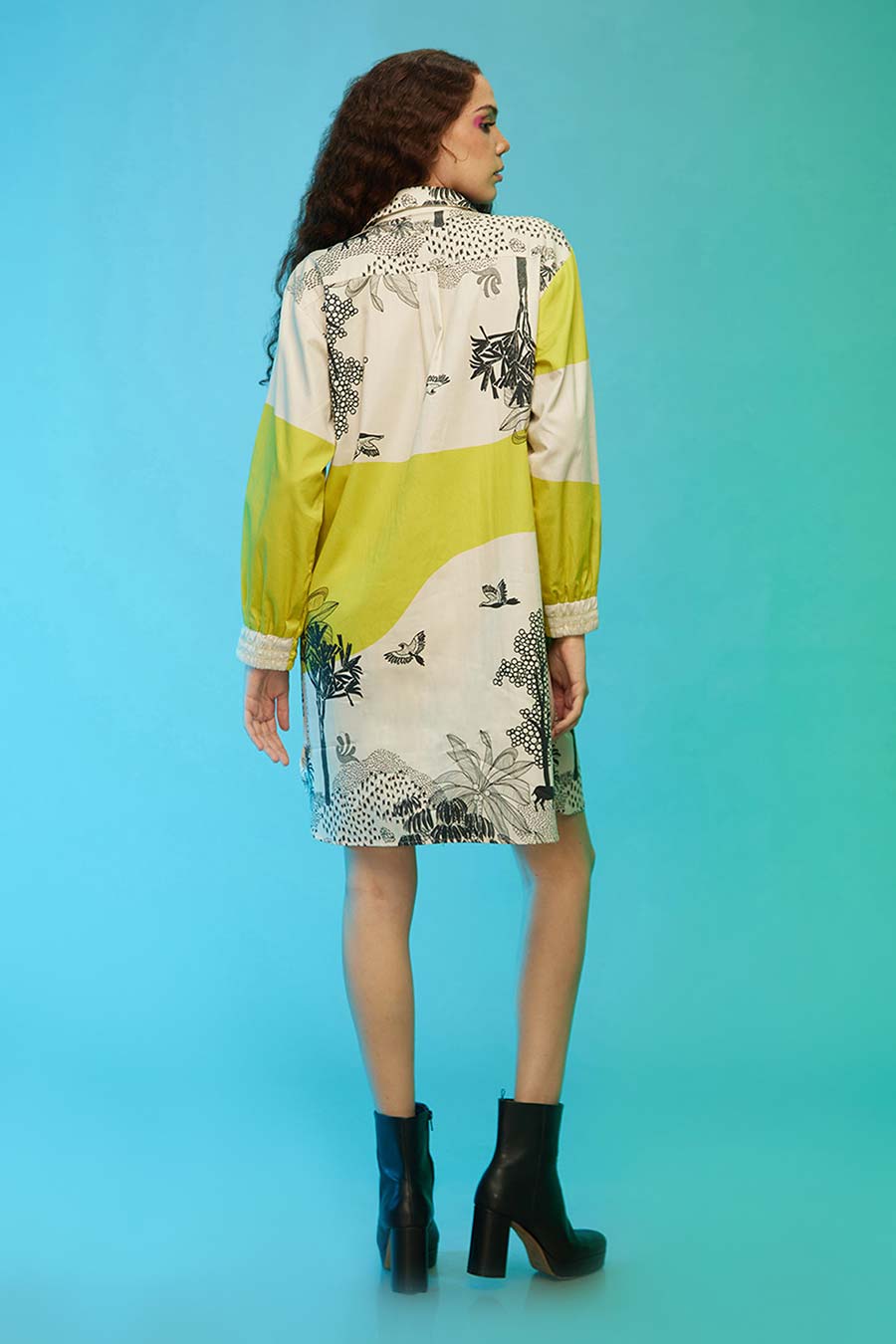 Green Tropical Print Short Shirt Dress