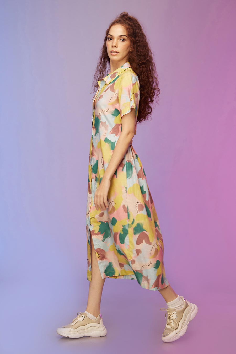 Yellow Printed Button-Down Midi Dress