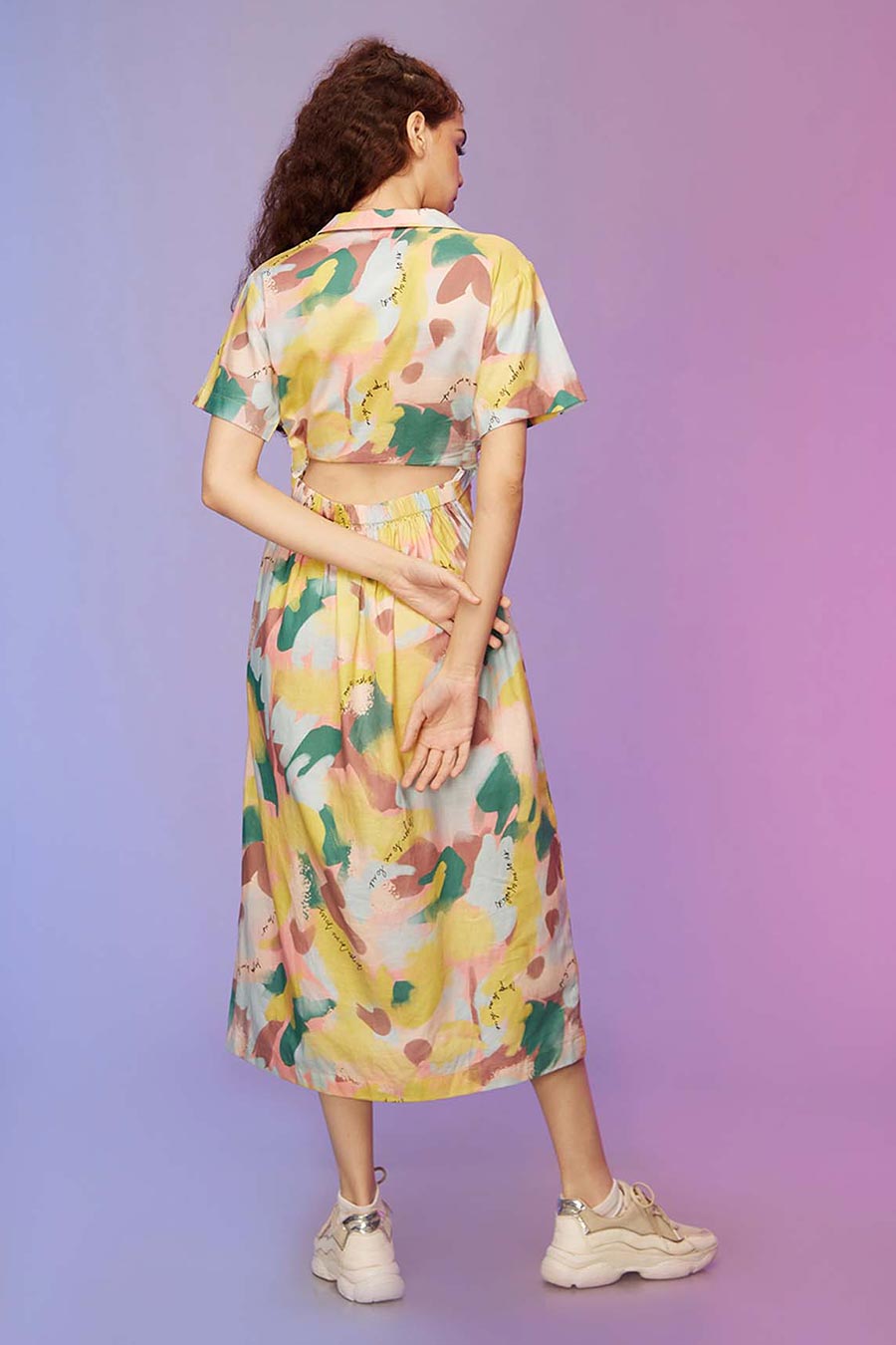 Yellow Printed Button-Down Midi Dress