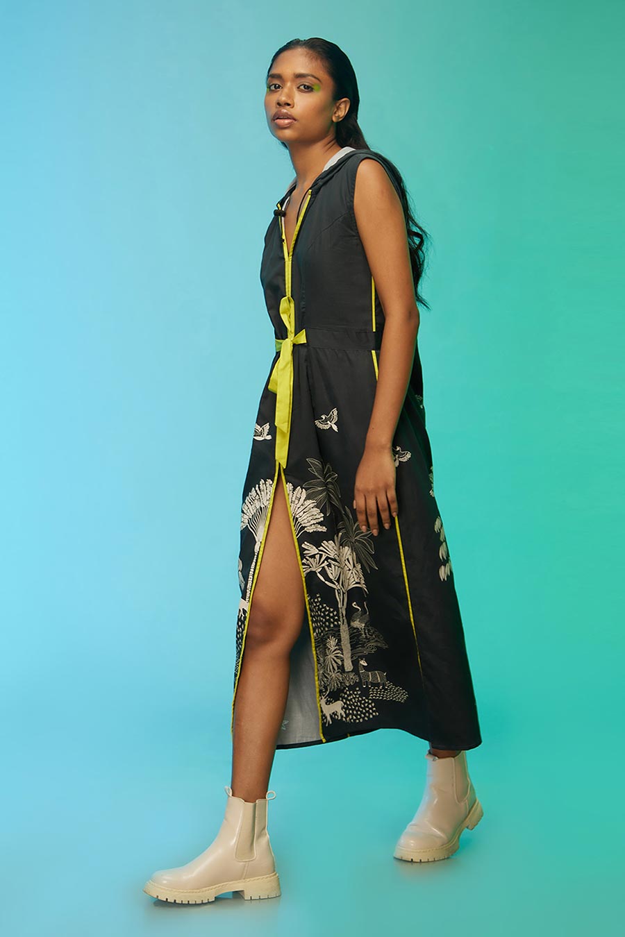 Black Tropical Print Long Tie-up Dress