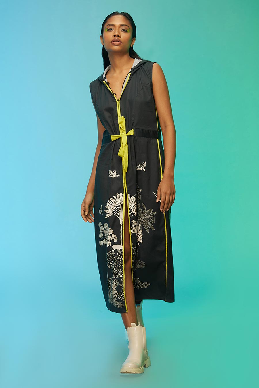 Black Tropical Print Long Tie-up Dress