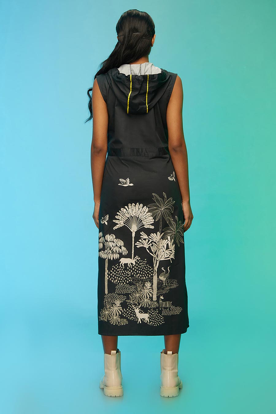 Black Tropical Print Long Tie-up Dress