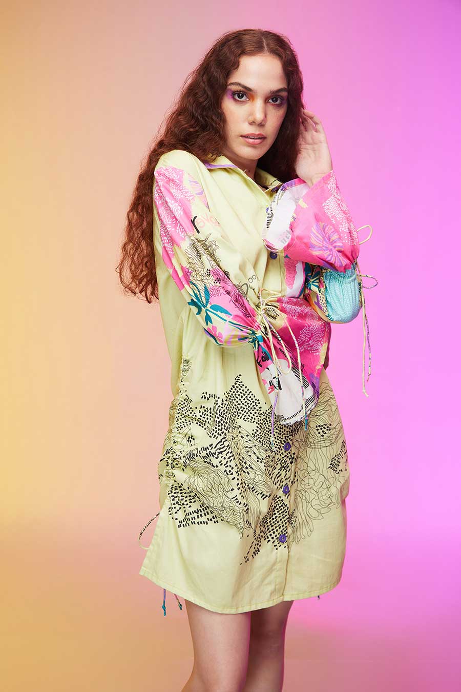 Lime Green Printed Short Shirt Dress