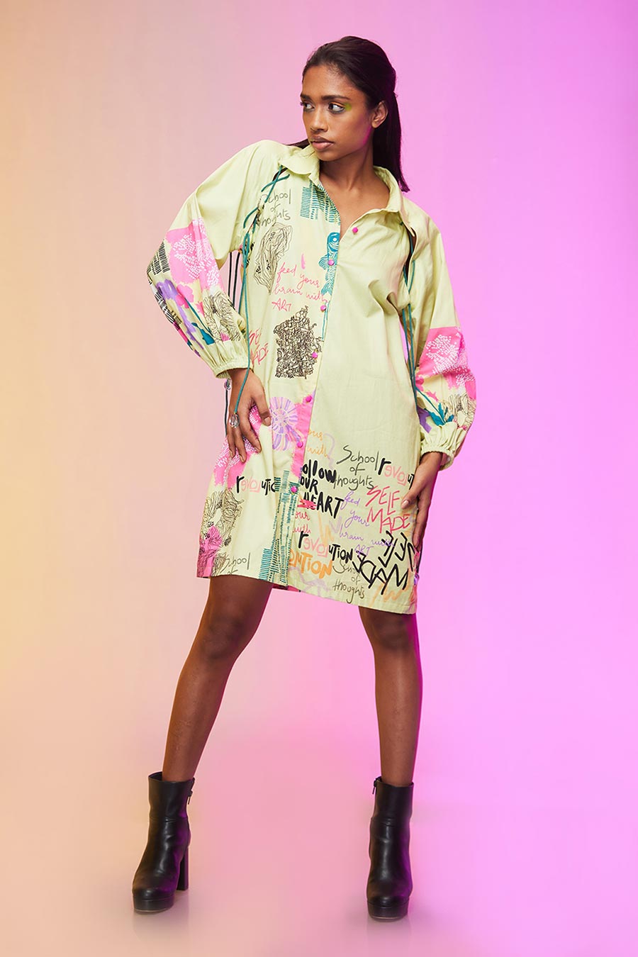Lime Green Abstract Print Short Shirt Dress