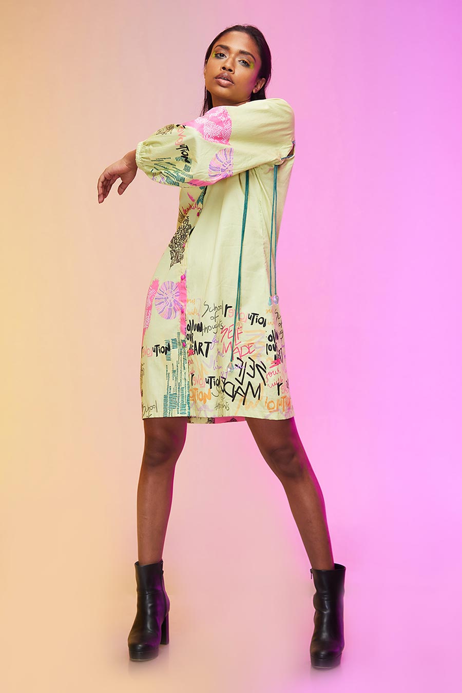 Yellow Abstract Print Short Shirt Dress